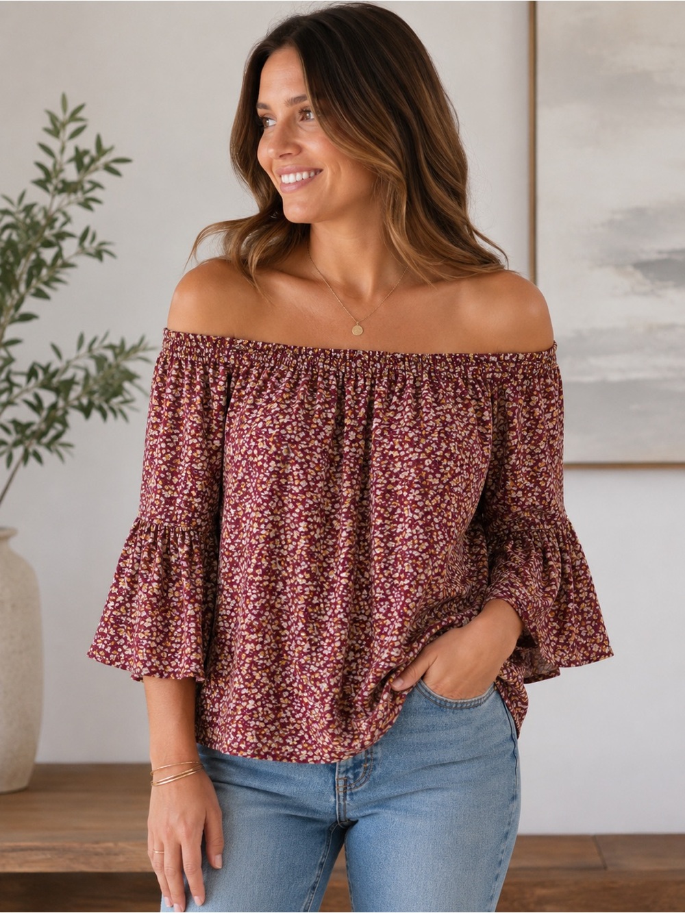 Skies Are Blue Burgundy Floral Off-the-Shoulder Blouse